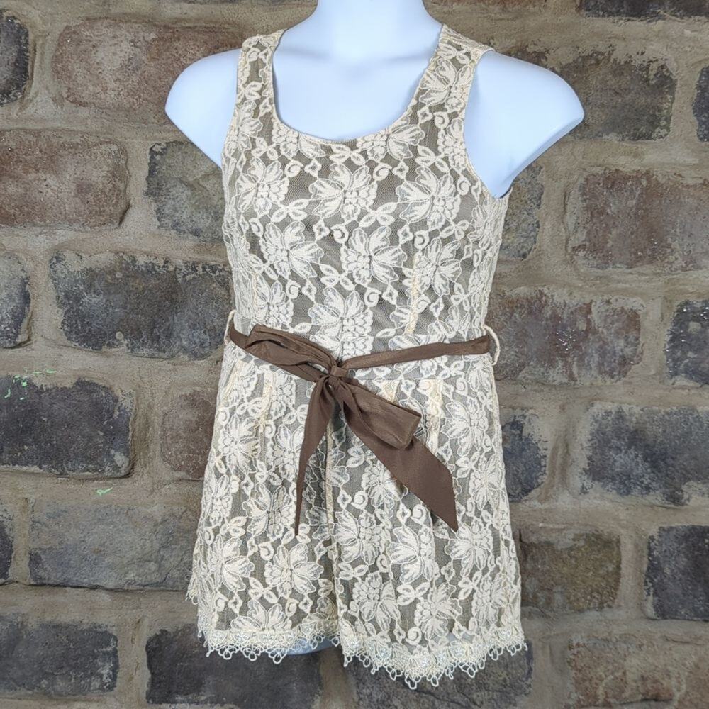 A'Reve Lace Overlay Romper Keyhole Back Ribbon‎ Tie Waist Ivory Large Coquette